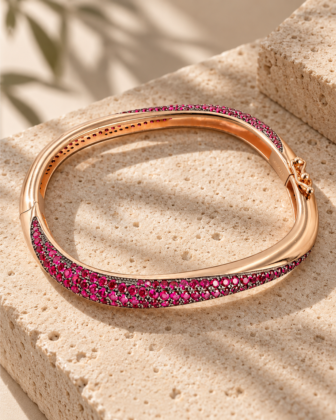 Rose Gold Ruby Pavé Bangle on Travertine