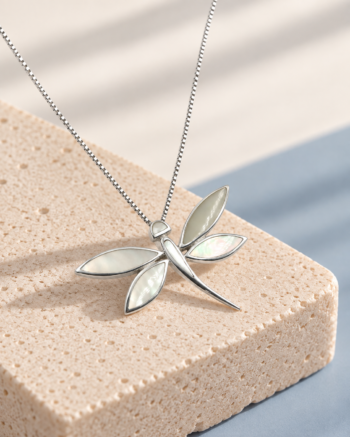 Moonlit Dragonfly Mother of Pearl Sterling Silver Pendant Necklace